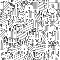 Naklejka premium Houses are an isometric projection. Cute beautiful town seamless pattern.Contour illustration, coloring. Texture for fabric, wrapping, wallpaper