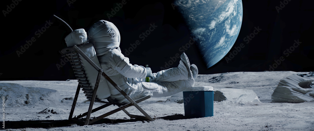 Sticker back view of lunar astronaut having a beer while resting in a beach chair on moon surface, saluting 