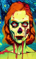 Digital oil painting scary halloween zombie girl portrait. Horror nightmare face. Design template for commercial halloween products. Large size canvas wall art print, poster, card, invitation.