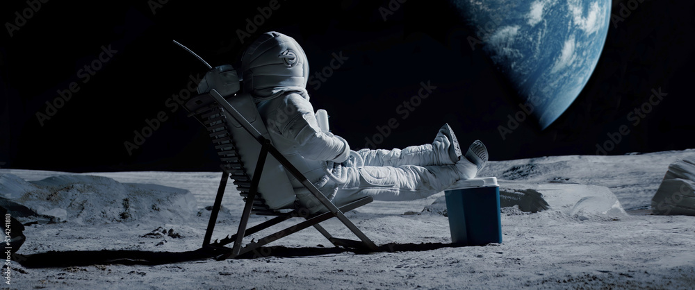 Wall mural lunar astronaut chilling on a beach chair with refrigerator bag on moon surface, enjoying view of ea