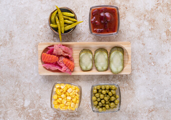 Savory appetizer assortment on marble background