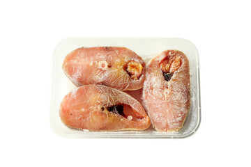 Fresh frozen fish pieces in a container on white background with a clipping path