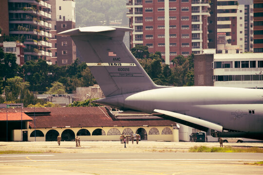 Guatemala City, September 18 - 2020, Lockheed C-5 Galaxy aircraft of the United States air force, with help for Guatemala, arriving with the opening of the La Aurora. 