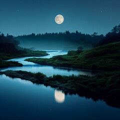 Fototapeta na wymiar Echoflower Designs Full Moon Over Lake at Night