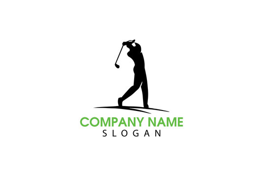 logo for golf with illustration of a golfer hitting a golf ball.