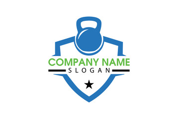 gym and fitness logo with shield and kettlebell.