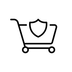 Shopping cart with shield line icon. Successful order, add and remove items from the cart, purchase, product. Shopping cart concept. Vector black line icon on a white background