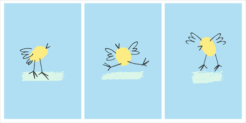 Print set funny chickens, small birds, chicks. Perfect for kids. Puppies, dog, terrier doodles on white background