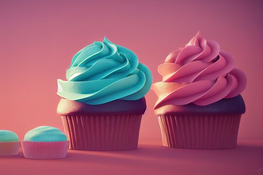 Vanilla cupcakes with icing sprinkles on the background.Beautiful holiday food for a wedding or baby shower. copyright. 3D rendering, raster illustration.