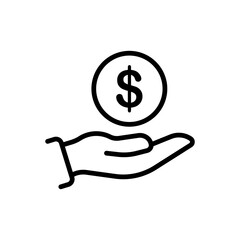 HAnd with coin line icon. Card, wallet, check, mail, bill, ATM, terminal, click, online purchase, transaction, shopping, nfs, contactless payment. Vector black line icon on a white background