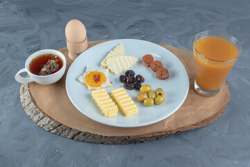 Light and nutritious breakfast set on marble background