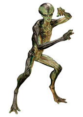 3D Rendering Green Alien on White