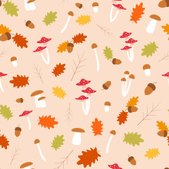 Vector autumn seamless pattern with leaves, acorns, mushrooms