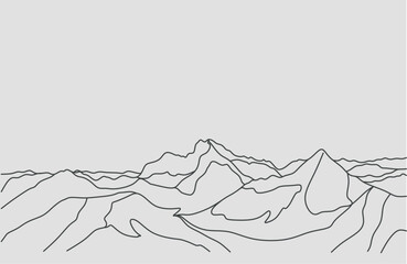 Abstract mountain range landscape background. Simple line drawing of mountains and sun. Modern one line nature illustration. Vector sunset wallpaper for icon, logo, travel poster, tourism card