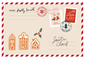 Christmas envelope with stamps, seals, gingerbread houses and inscriptions to Santa Claus.