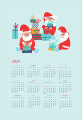 Calendar vector template for year 2023 with hand drawn funny Santas with gifts on light blue background