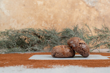 Chocolate cookies with powdered cocoa on white background