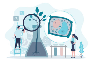 Botanist with magnifying glass examines sprout. Biotechnologists in search of innovative drug ingredients