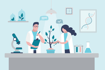 Biotechnologists grow new kind of plant. Scientists conduct experiments on plants, fertilizers in laboratory