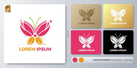Fototapeta na wymiar Tulip butterfly Logo design. Blank name for insert your Branding. Designed with examples for all kinds of applications. You can used for company, indentity, cosmetic, environment campaign, branding.
