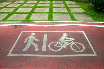 Separate bicycle lane for riding bicycles. White painted icon bike on red lane. Symbol to indicate the road for bicycles. Concept for ride ecological green urban transport.