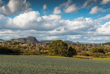 Hegau landscape with view to the Hohentwiel and Hohenkraehen, Rielasingen-Worblingen, Konstanz...