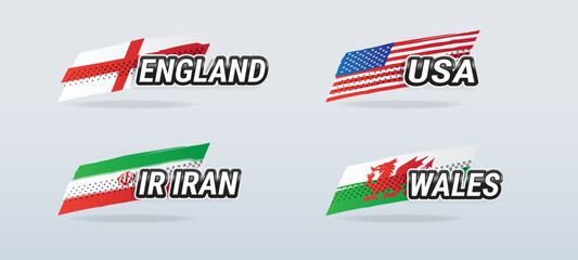 Vector banners featuring country names with national flags for England, IR Iran, USA and Wales, for World Cup groups and other sports, in hand drawn illustration style.