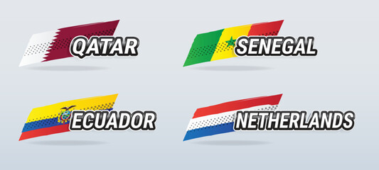 Vector banners featuring country names with national flags for Qatar, Ecuador, Senegal and Netherlands, for World Cup groups and other sports, in hand drawn illustration style.