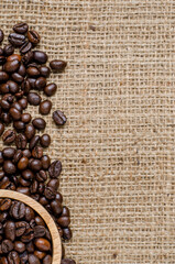 The coffee beans in the bowl on the hessian sack  for background , texture , copy text, Love coffee concept