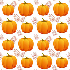 Seamless autumn pattern with pumpkins on white background.