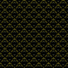 Black yellow seamless pattern in retro style with gold color square elements on black background.