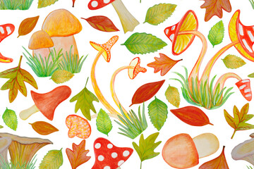 Seamless pattern with autumn leaves and mushrooms and fly agaric isolated on a transparent background. watercolor drawing.