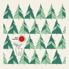 Christmas card with fir trees and deer, vector template - 534253277