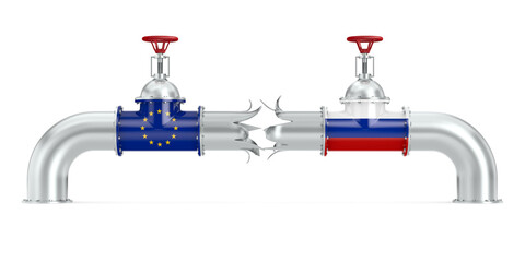 destroyed pipeline between Russia and EC on white background. Isolated 3D illustration - obrazy, fototapety, plakaty