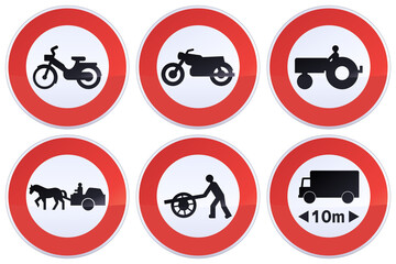 Collection of red, black and white round prohibition signs for wheeled vehicles such as mopeds, motorcycles, agricultural tractors, horse carts, handcarts and trucks over 10 meters (Metal reflection)