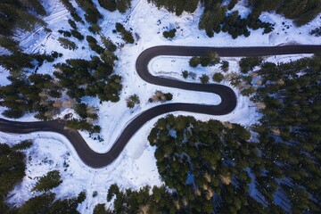 Aerial shot of a curved road surrounded by spruces in the wintert