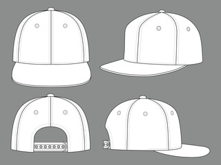 Blank White Hip Hop Cap with Adjustable Snap Back Strap Closure Template on Gray Background, Vector File