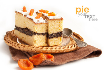 Slice of poppy seed cake and apricot decor on the white background