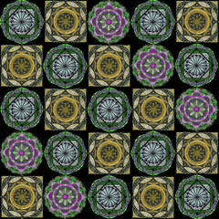 Seamless pattern with colorful mandalas on black background.