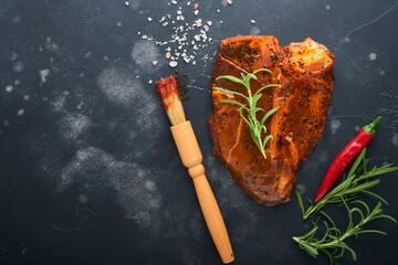 Raw steak t-bone or porterhouse. Steak t-bone or porterhouse in sauce with spices, salt and...