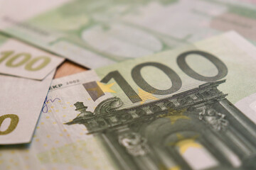 Euro currency as inflation in Europe concept. European Union banknotes background. Economy crisis after war in Ukraine. Budget problem background