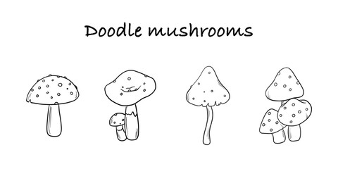 Vector mushrooms doodle set. Amanita Muscaria icons collection. Magic mushroom isolated. Colouring page for children