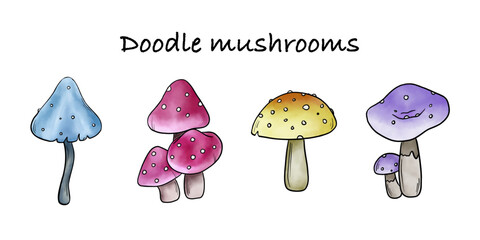 Vector mushrooms doodle set. Amanita Muscaria icons collection. Magic mushroom isolated. 