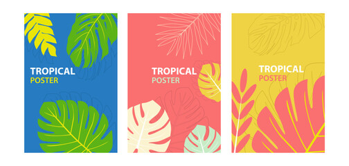 Fototapeta na wymiar Simple Set of tropical themed posters. Creative composition of Monstera deliciosa tropical leaves. Abstract geometric design template for poster
