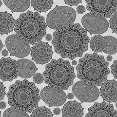 Seamless monochrome pattern with decorative flowers on white background.