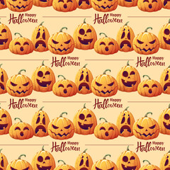 Seamless pattern with Halloween pumpkins on an orange background. Striped background with holiday symbol for textiles, wallpaper, wrapping paper, etc.