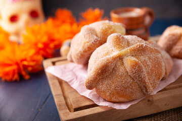 Pan de Muerto. Typical Mexican sweet bread that is consumed in the season of the day of the dead. It is a main element in the altars and offerings in the festivity of the day of the dead.