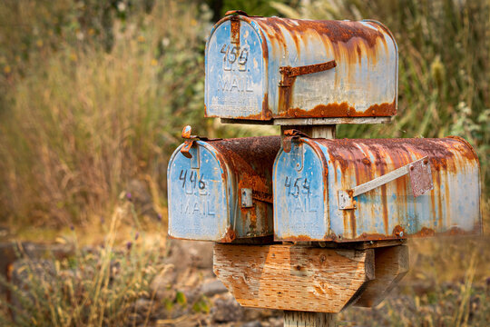 rusted old US Mail boxes mounted on a post