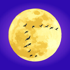 Flock of birds are flying past the full moon at night when the sky is purple and blue.