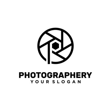 Letter P with lens photography logo design template 